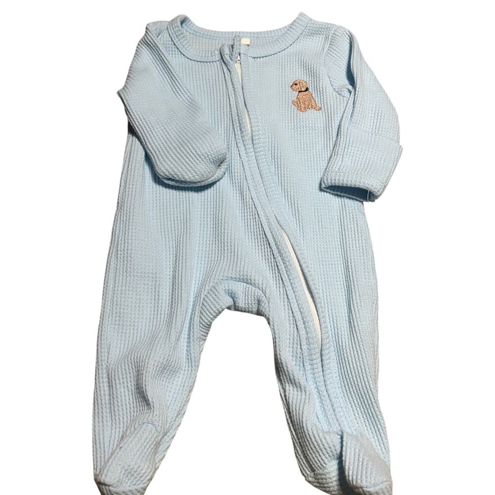 Light Blue waffle knit features small embroidered dog zipper closure size NB